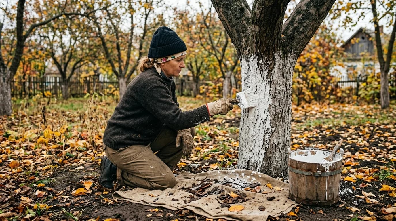 Коли білити дерева восени 2026: строки, суміші та захист саду